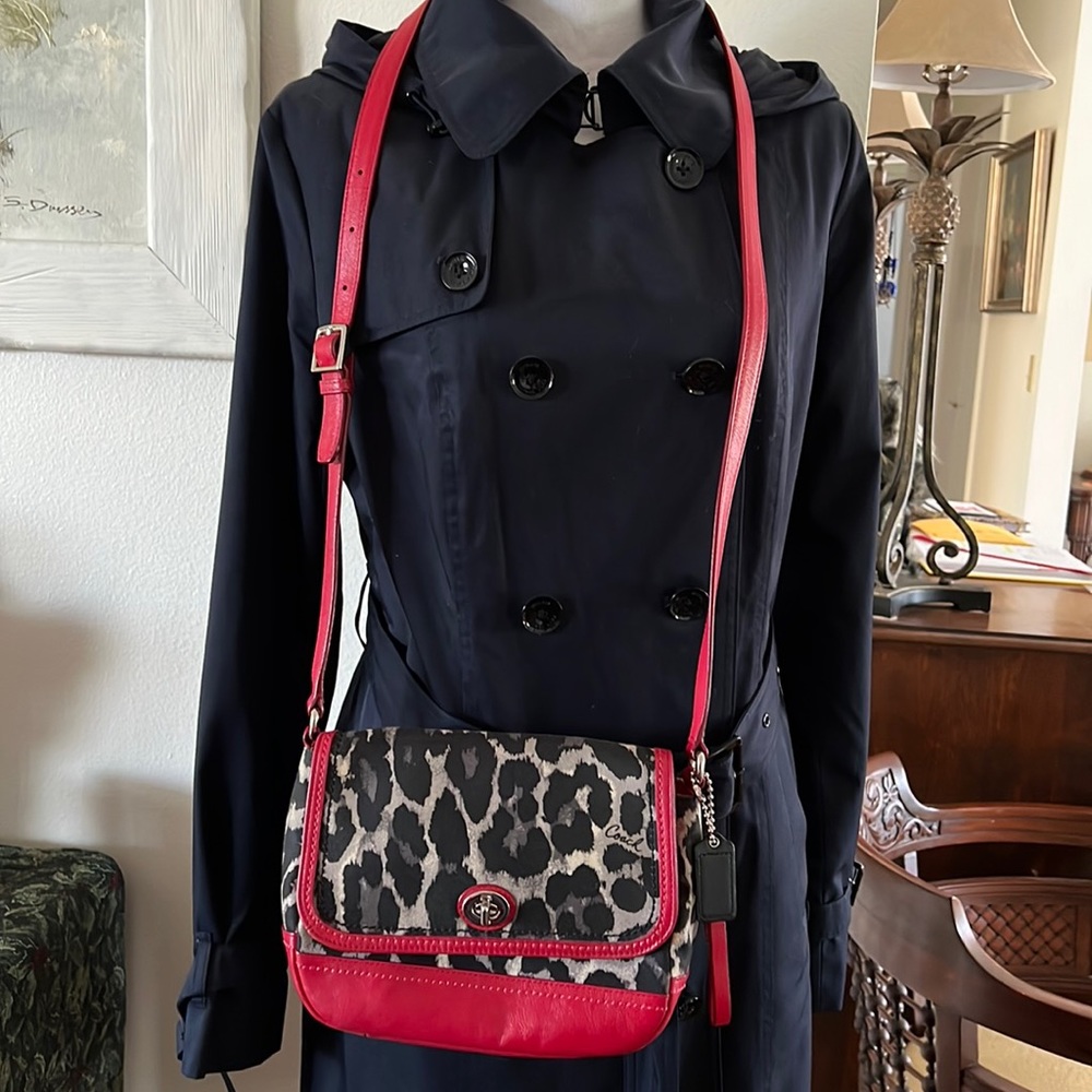 Rare Ocelot Leopard ❤️COACH❤️crossbody:Red Leather trim